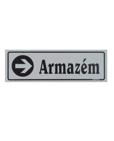 Placa "Armazém Seta Dir." Aman - PVC Branco 20x6.5cm Placa "Armazém Seta Dir." Aman - PVC Branco 20x6.5cm